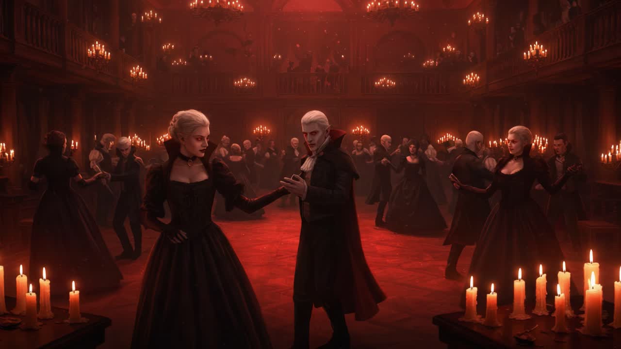 A Haunting Dance: Captivating Elegance in a Mysterious, Candle-Lit Ballroom Filled with Eerie Figures in Dark Attire and Flickering Shadows Lurking in the Night