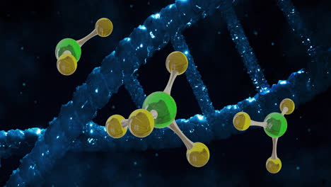 animation of dna strand spinning and molecules on black background