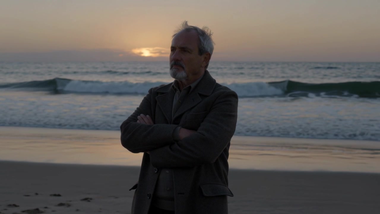 Uomo anziano in piedi che sposta lo sguardo mentre il sole tramonta all'orizzonte su una costa sabbiosa, indossando un lungo cappotto.