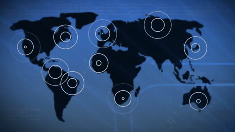 animación de conexiones de red global con círculos objetivo en el mapa del mundo