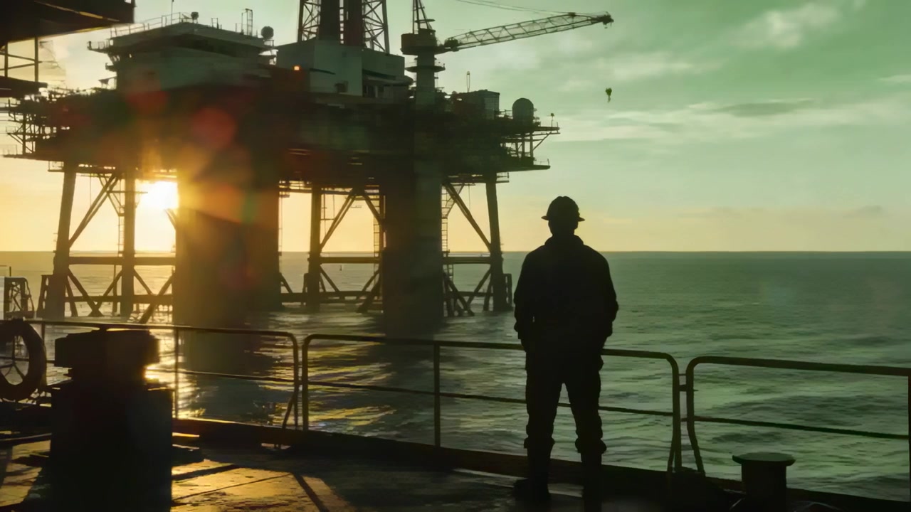 Gazing worker in hard hat prompted by low sun glare, shifting on deck watching oil platform