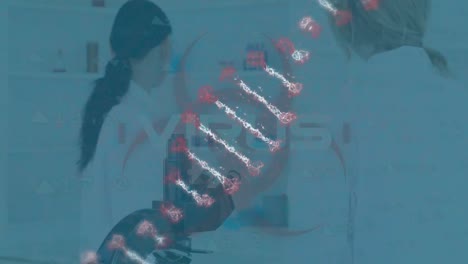 Animation-of-dna-over-caucasian-female-lab-workers-using-microscope
