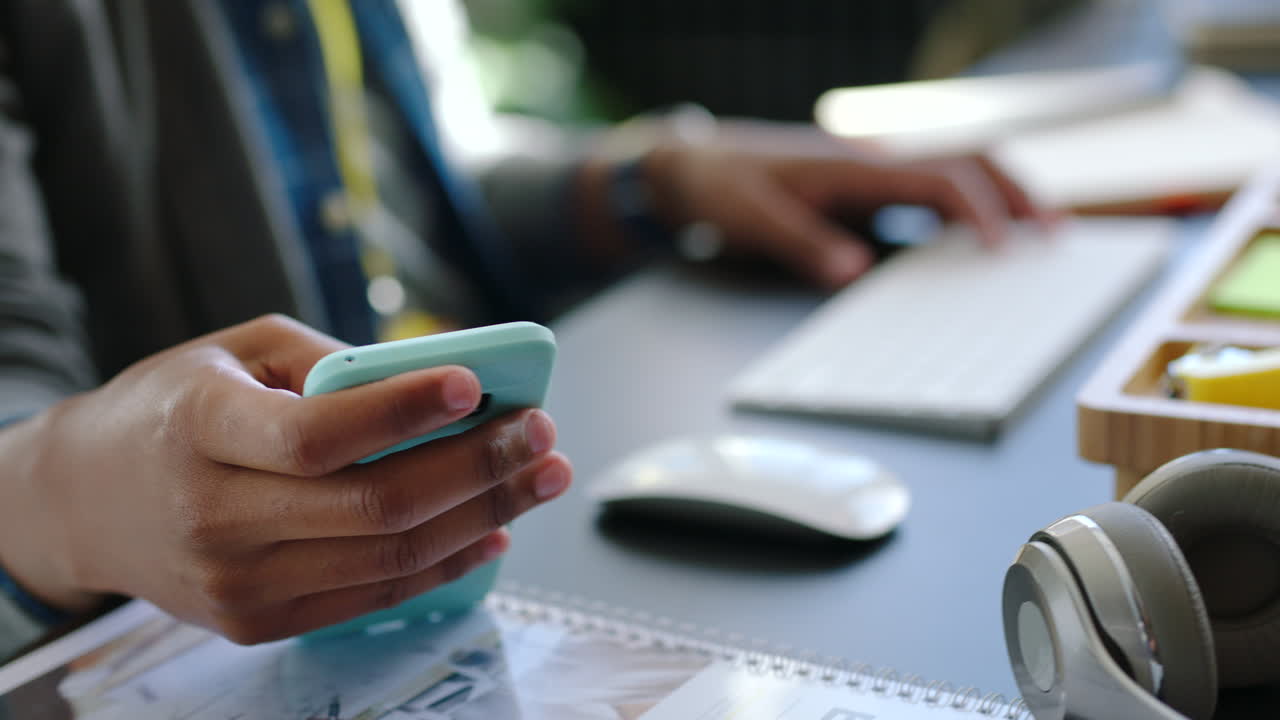 Creative programmer hands on social media phone 5g