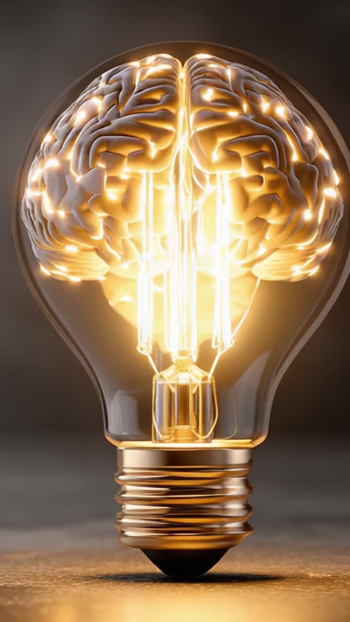Un design mozzafiato di una lampadina con un cervello brillantemente illuminato all'interno, che simboleggia creatività, innovazione e il potere delle idee per il pensiero moderno.