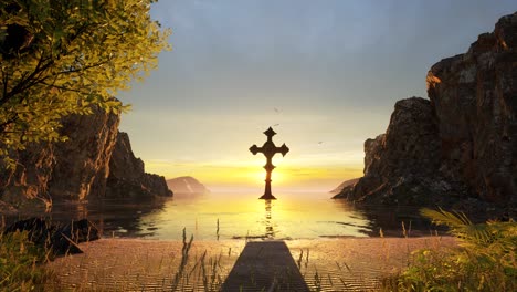 a huge gothic cross on the sea surrounded by large cliffs, a sand beach, grass trees, and a sunset 3d animation