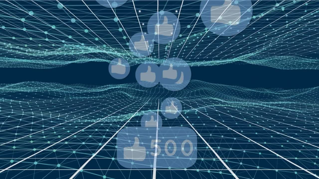 Animation of social media icons, data processing over network of connections