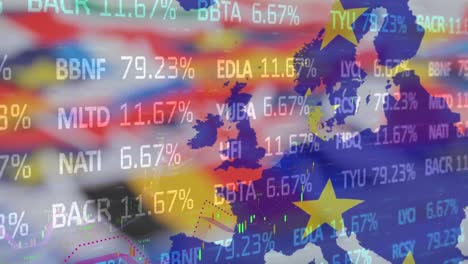 animation of digitally generated line graph moving up over nationals flags and trading board