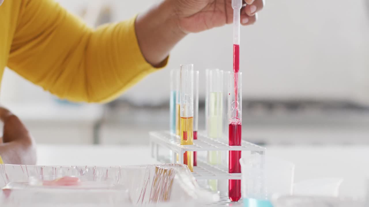 손의 아프리카계 미국인 할머니가 손녀와 함께 화학 실험을 하고, 복사 공간