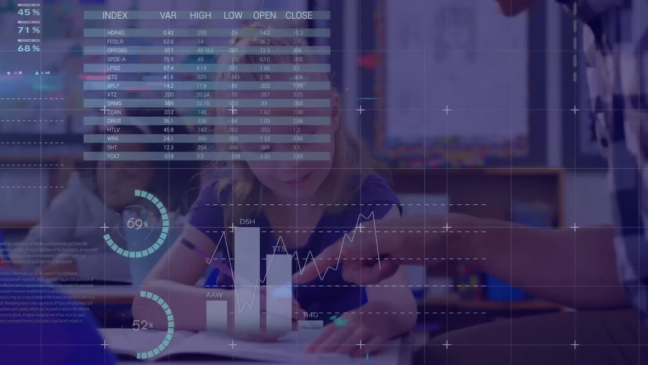 animación del procesamiento de datos sobre el maestro caucásico con diversos escolares en el aula