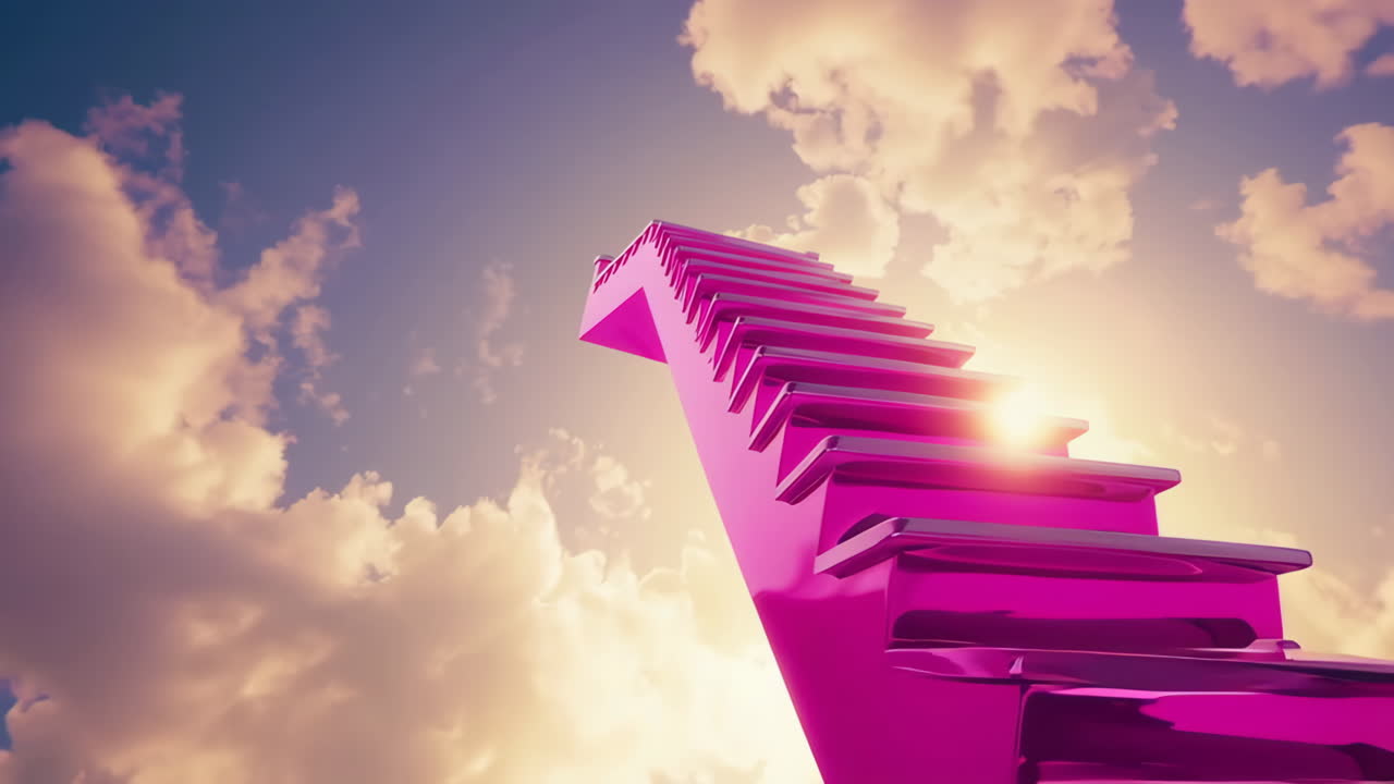 Pink Staircase Ascending Towards a Bright, Cloudy Sky