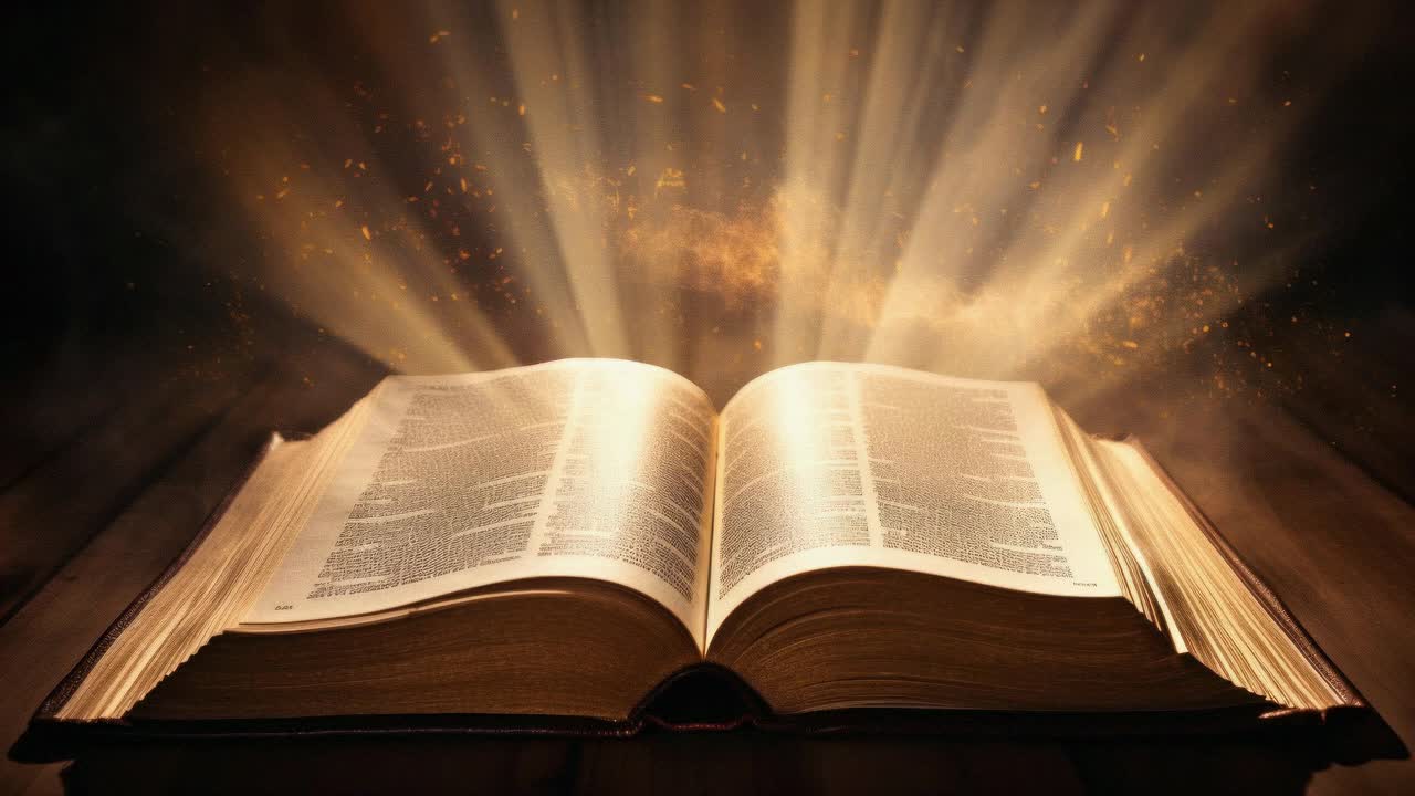Un libro aperto magico emette fasci di luce luminosi. Ripreso da un angolo basso, questo video cattura