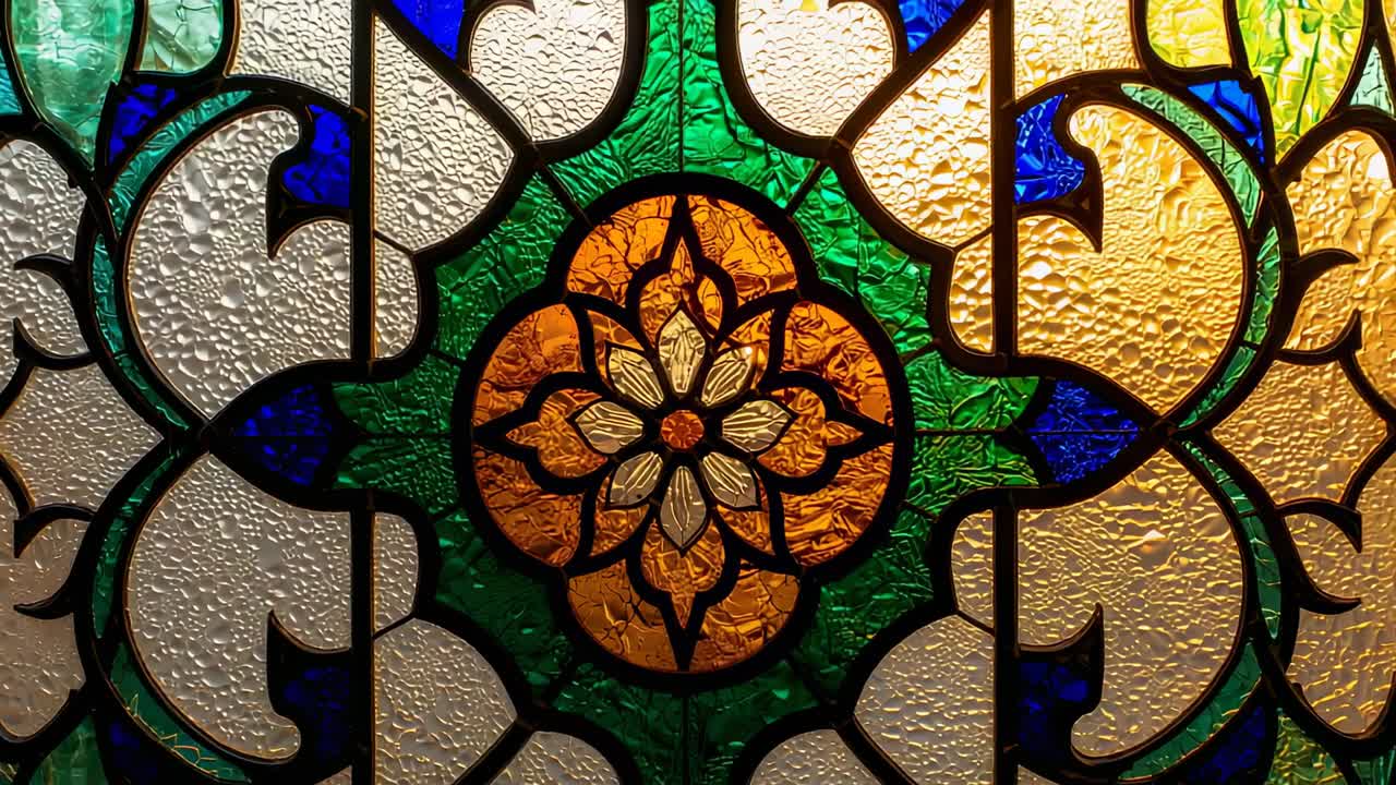 Shifting sunlight causing water droplets sliding down ornate stained glass panel inside corridor