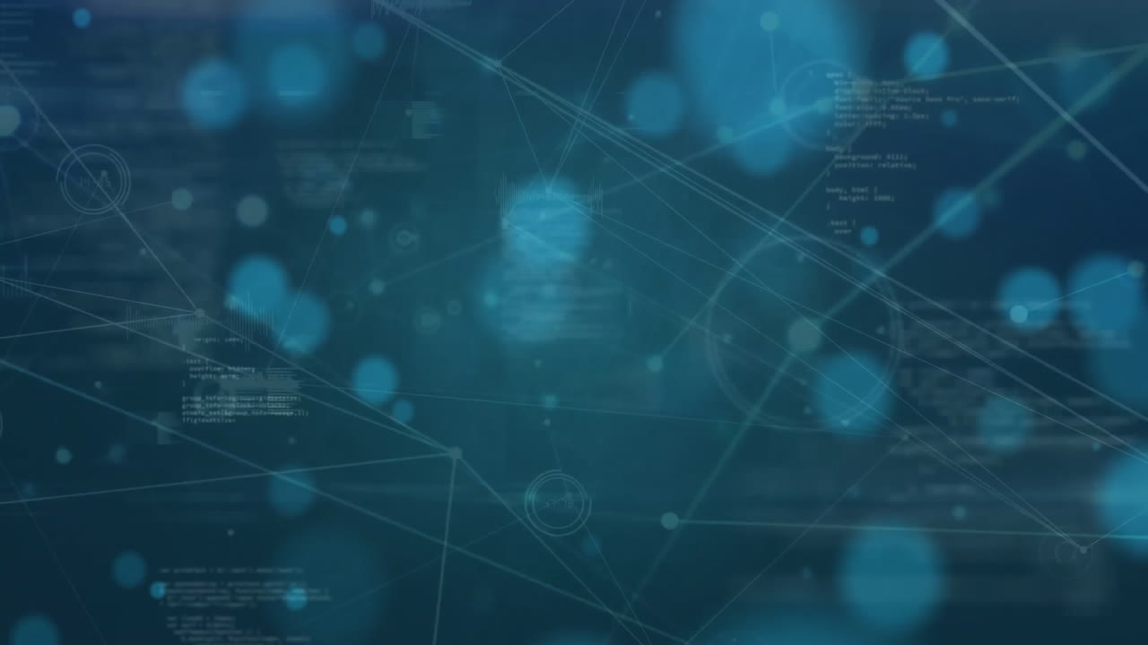 Animation of network of connections with data processing and light spots on blue background
