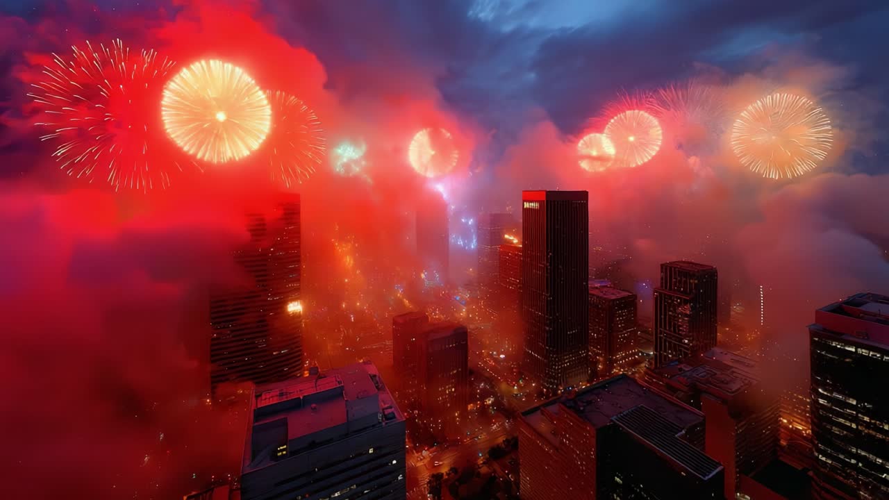 An Exhilarating Display of Colorful Fireworks Illuminates a City Skyline as Night Falls, Filling the Sky with Brilliant Hues and Creating a Magical Atmosphere Amidst the Clouds