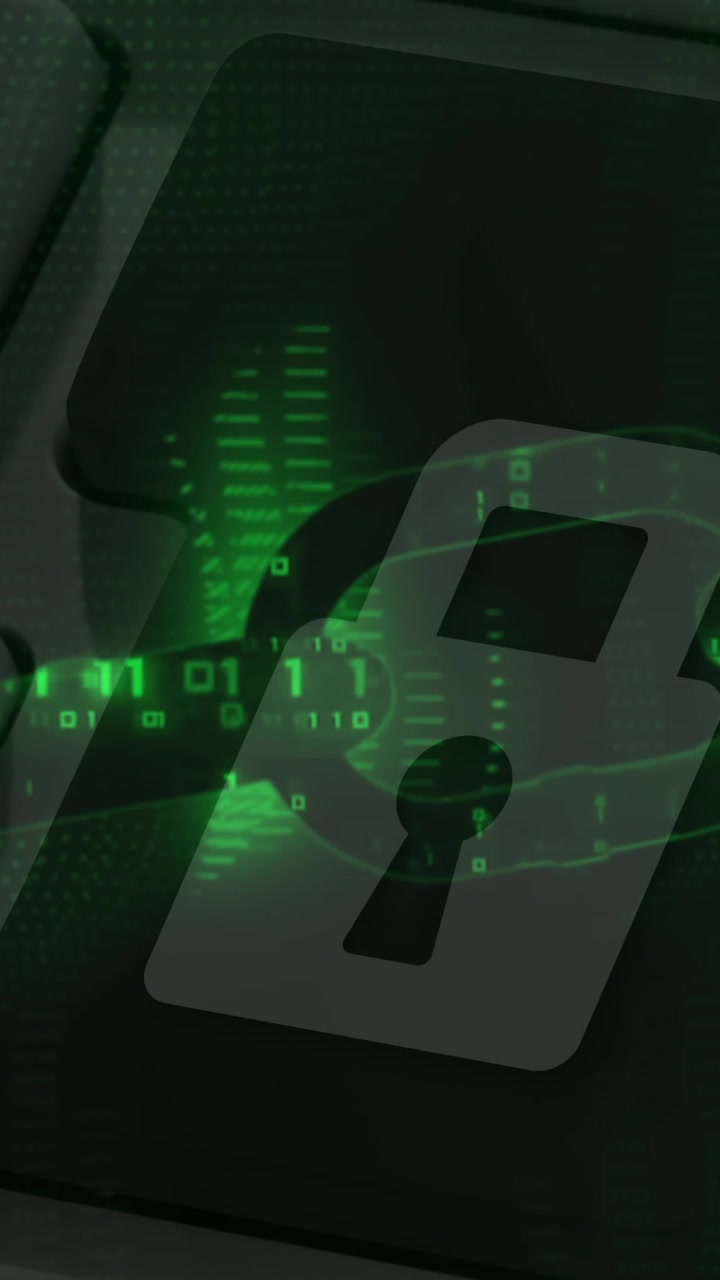 Glowing green security chain against close up of security padlock key
