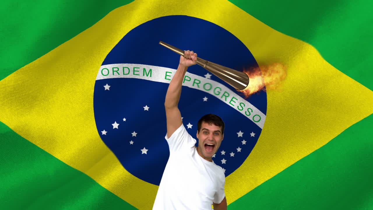 montaje de un atleta triunfante sosteniendo la antorcha olímpica sobre la cabeza