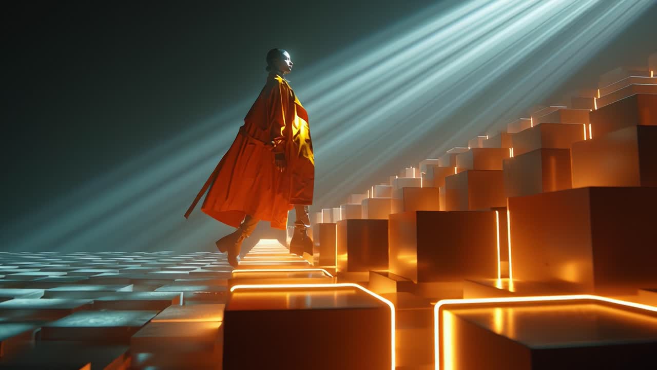 Woman ascending futuristic stairs