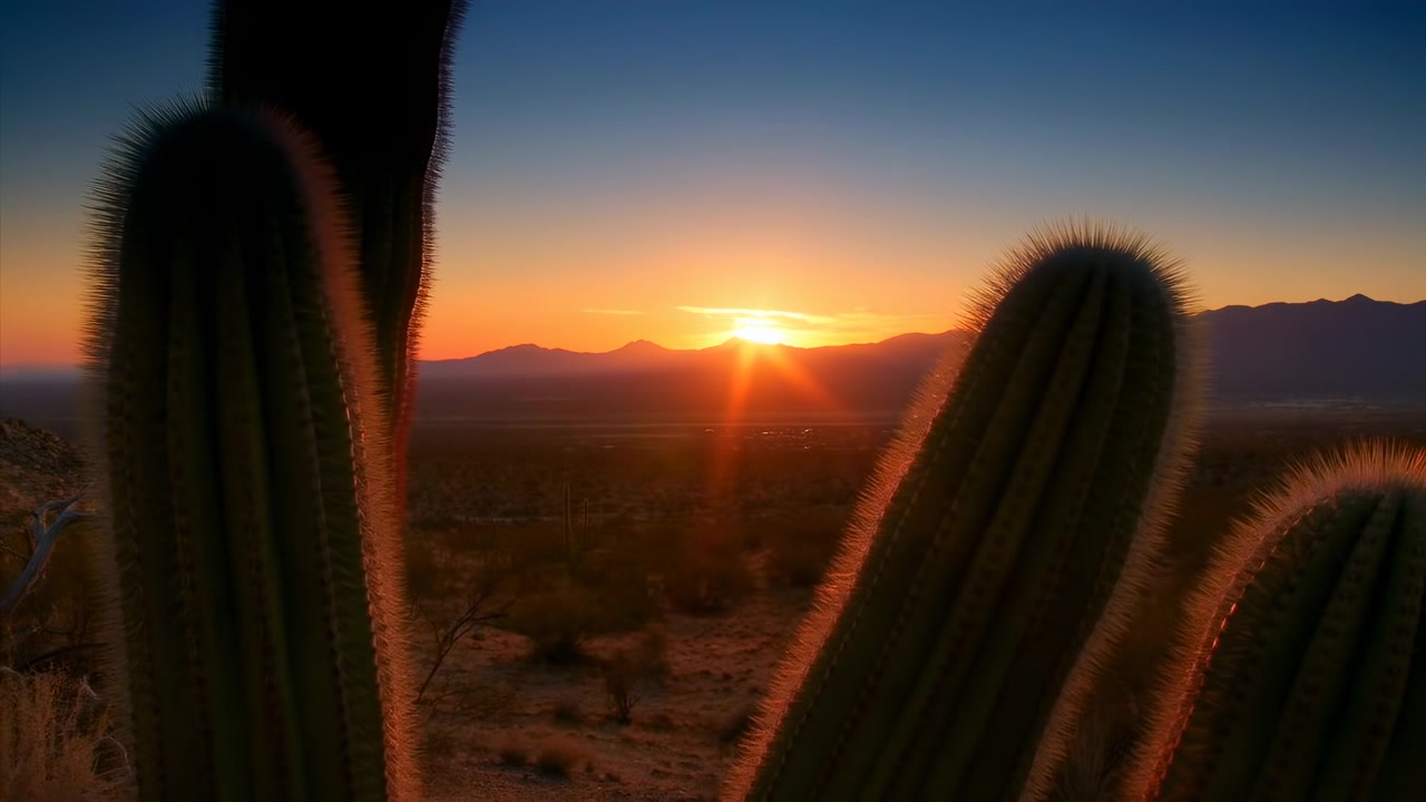 Alba panoramica nel deserto con il sole che sorge sopra una lontana catena montuosa, creando un intenso bagliore solare, un orizzonte luminoso e raggi di luce verticali mentre un cactus a botte si staglia in silhouette scura di fronte.