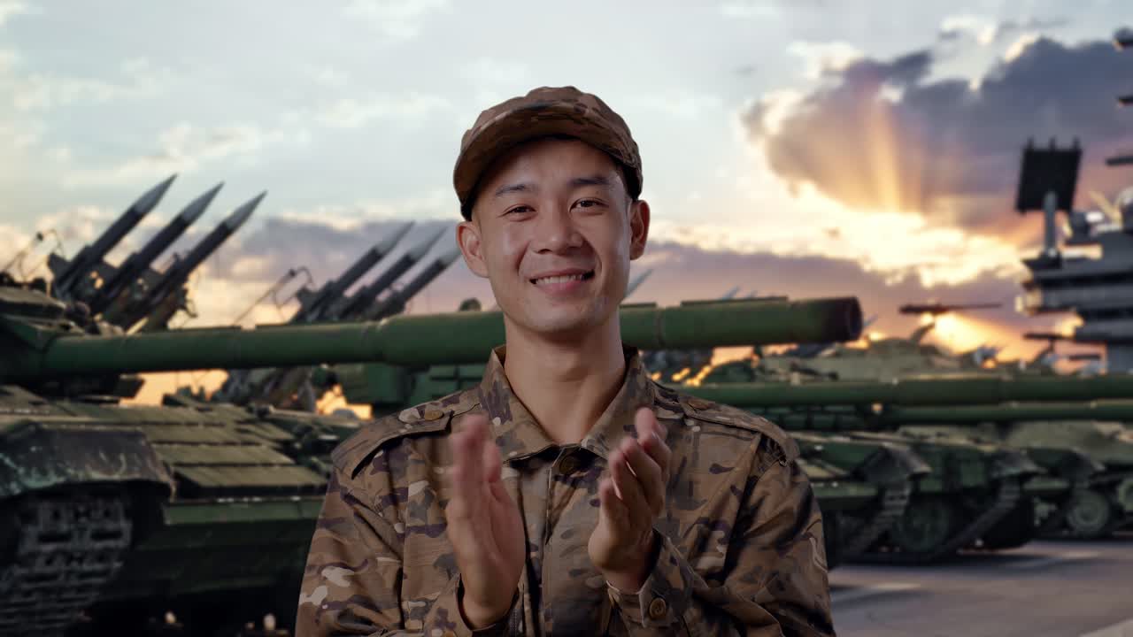 Close de um soldado asiático sorrindo e batendo palmas enquanto está em pé perto de um tanque