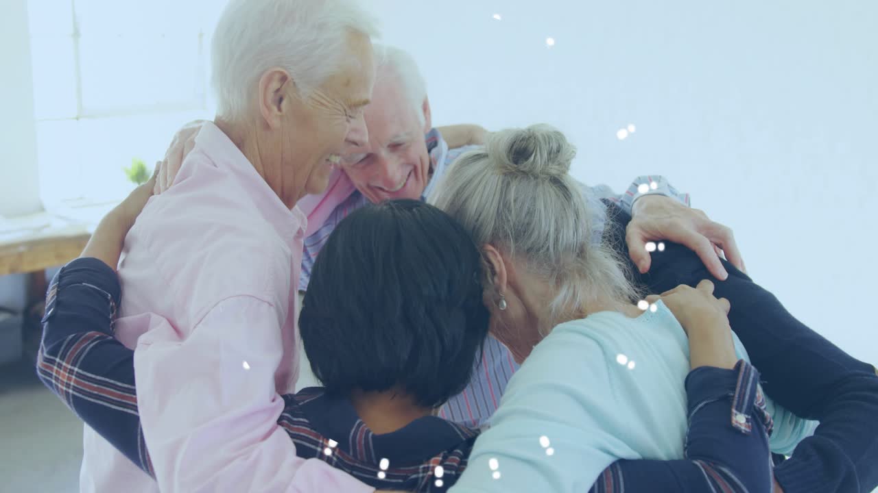 Therapy group with digital overlay hovering, extending arms inward and guiding supportive hug