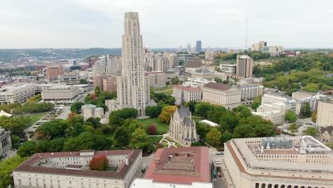 Cinematic-aerial-truck-shot-of-Pitt-University-and-Carnegie-Mellon-college-campus-scene-in-Oakland