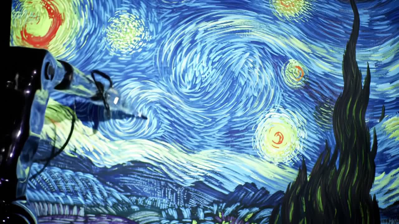 A robotic arm meticulously replicates the iconic swirling patterns of Van Gogh's 'Starry Night', showcasing the intersection of art and technology in mesmerizing detail