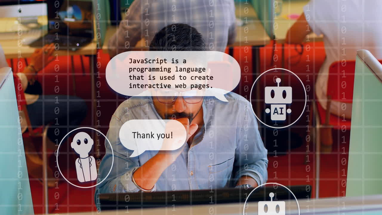 animación de texto ai, chat bot y procesamiento de datos sobre hombre asiático usando computadora