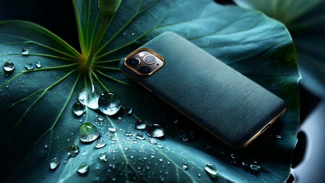 Стильный смартфон на лиственной поверхности с блестящими каплями воды — идеальное сочетание природы и технологий в захватывающей композиции