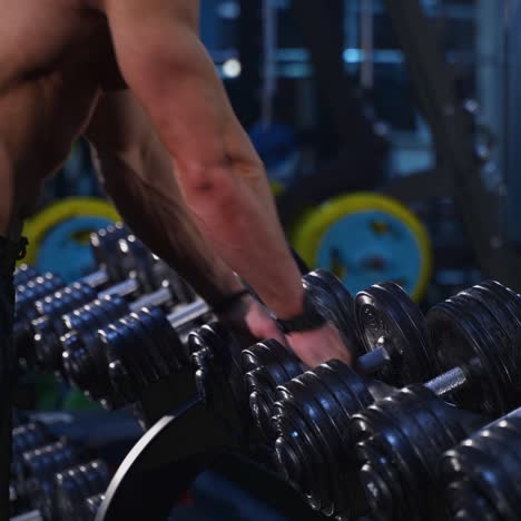 Handsome man lifting dumbbles in gym. Muscular bodybuilder pumping up arm muscles in modern fitness centre. Bodybuilding concept. Side view