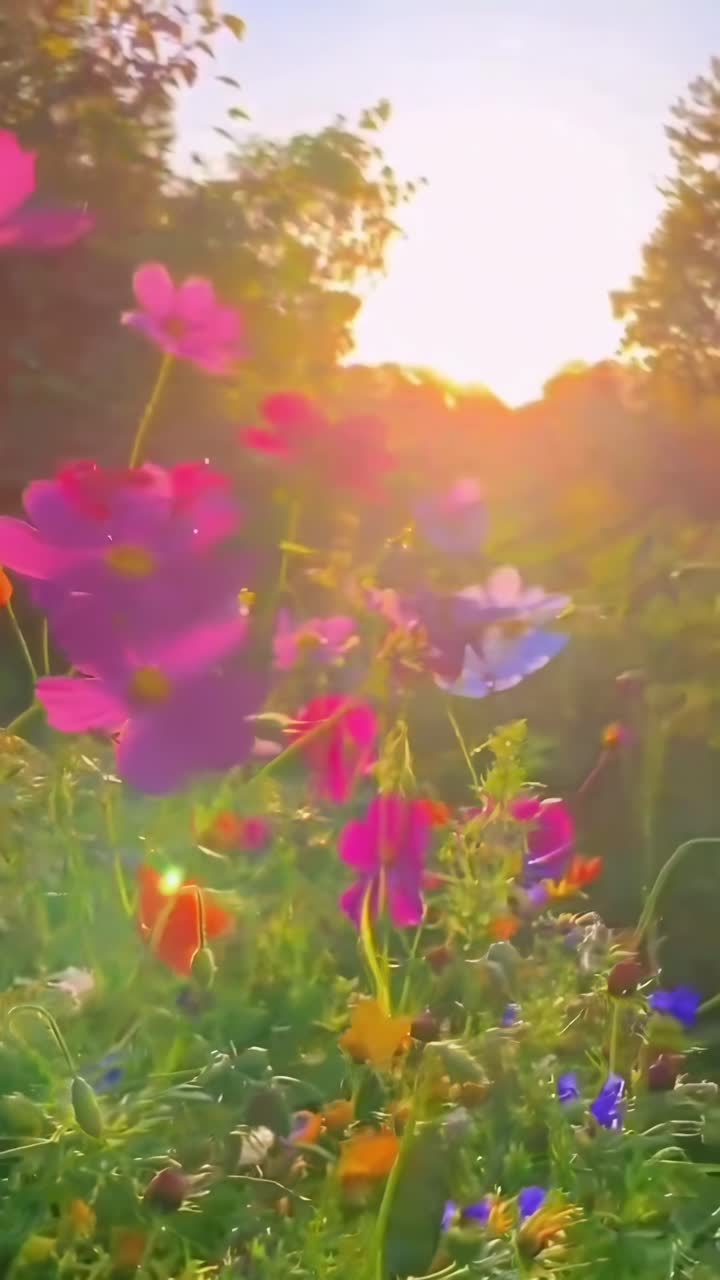 Flores silvestres vibrantes ao nascer do sol, capturadas de um ângulo baixo. Perfeito para um vídeo de natureza. Mobile ao vivo.