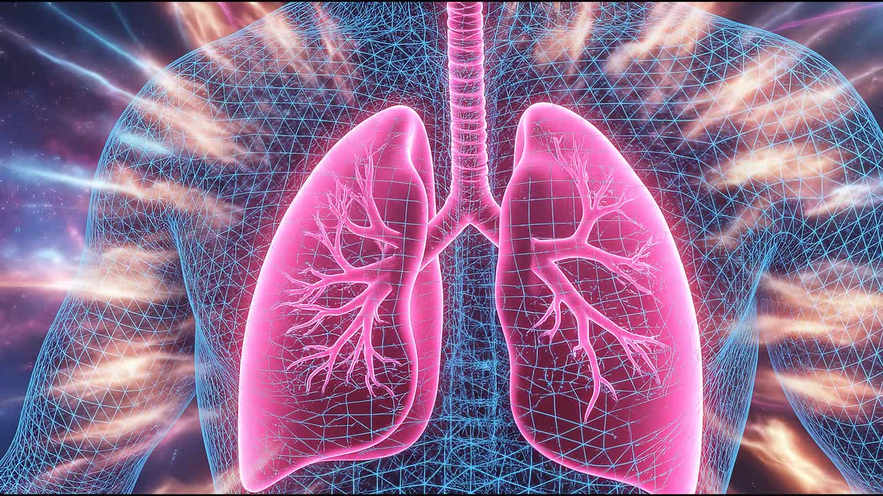 Modello umano digitale con polmoni illuminati in un ambiente spaziale cosmico, che mostra il sistema respiratorio in una visualizzazione futuristica