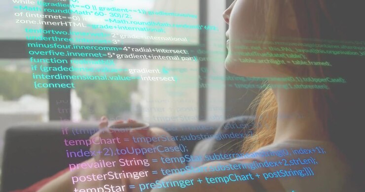 Woman cradling mug by window gazing out as transparent code scrolling and visualizing tech flow