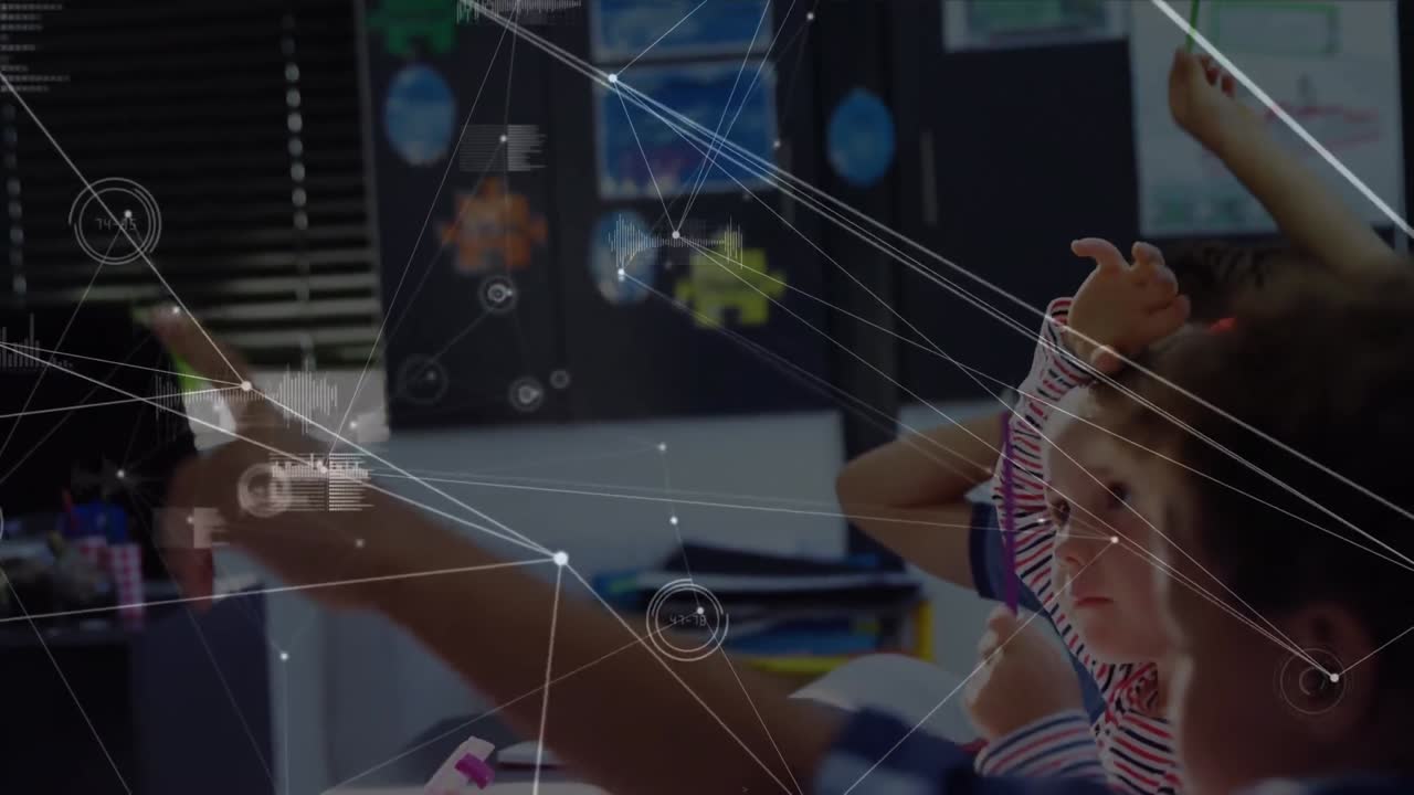 다양한 학교 학생들이 손을 들어 올리는 연결 네트워크의 활성화