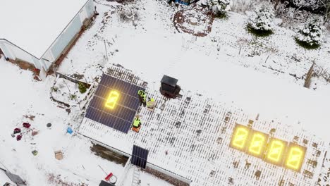 contractors installing solar cells on a house with added battery icons - 3d render