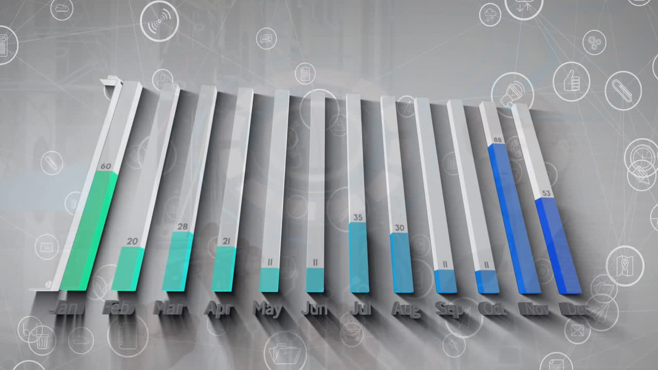 animación del procesamiento de datos en diagramas sobre iconos de medios