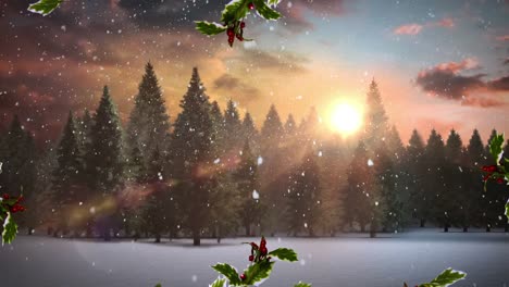 christmas wreath decoration over snow falling on multiple trees on winter landscape