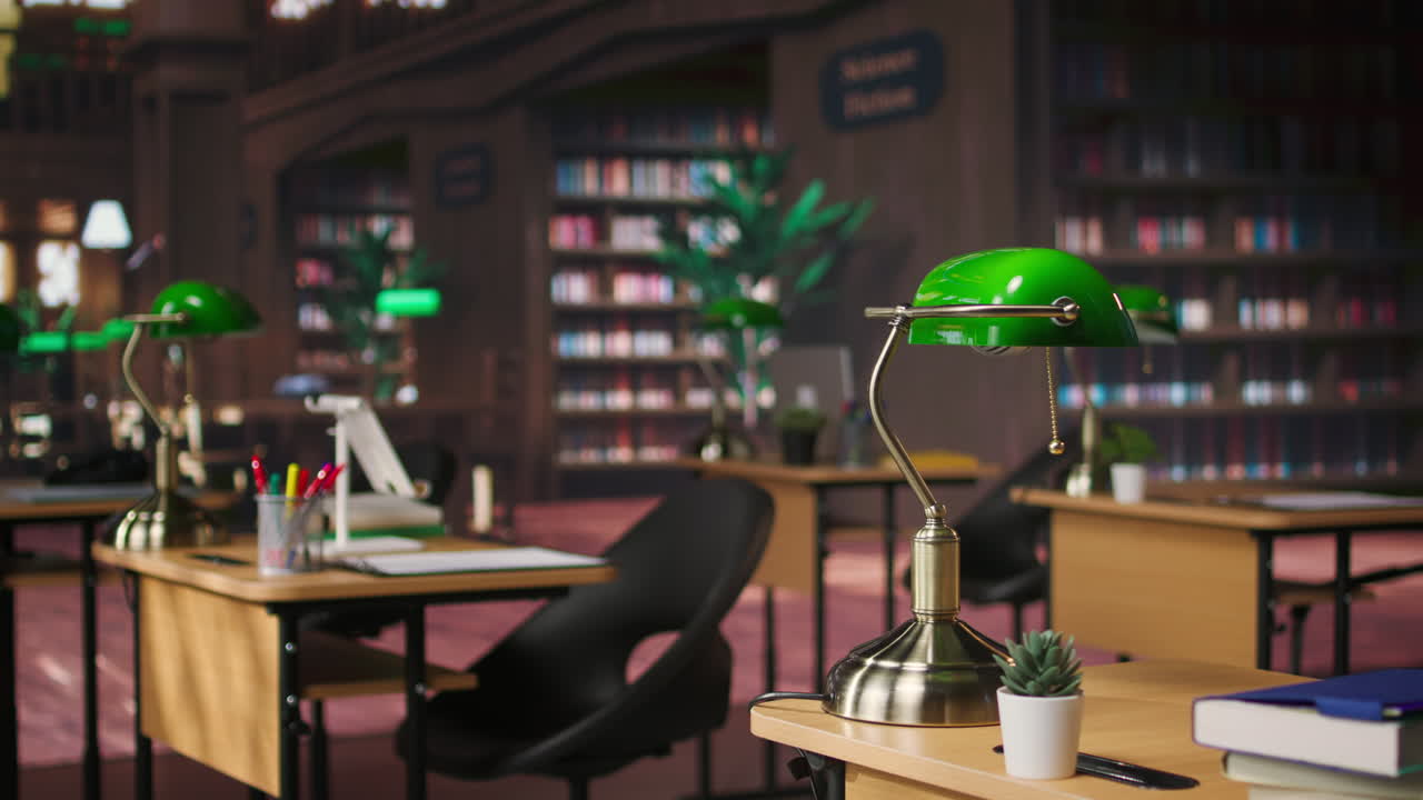 área de estudio acogedora de la biblioteca con lámparas antiguas