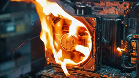 a computer motherboard on fire in a computer case