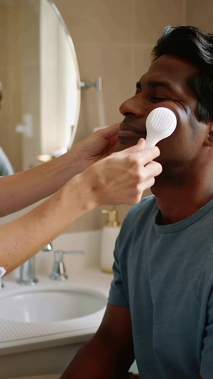 Vertical video: Bringing white facial brush, female hands cleansing man's cheek in blue tee at sink