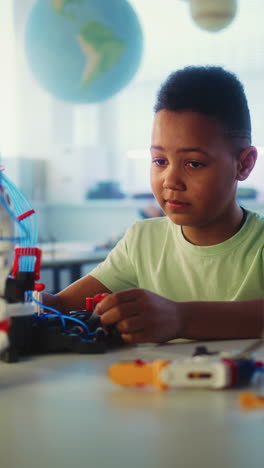 child building a robot in a classroom