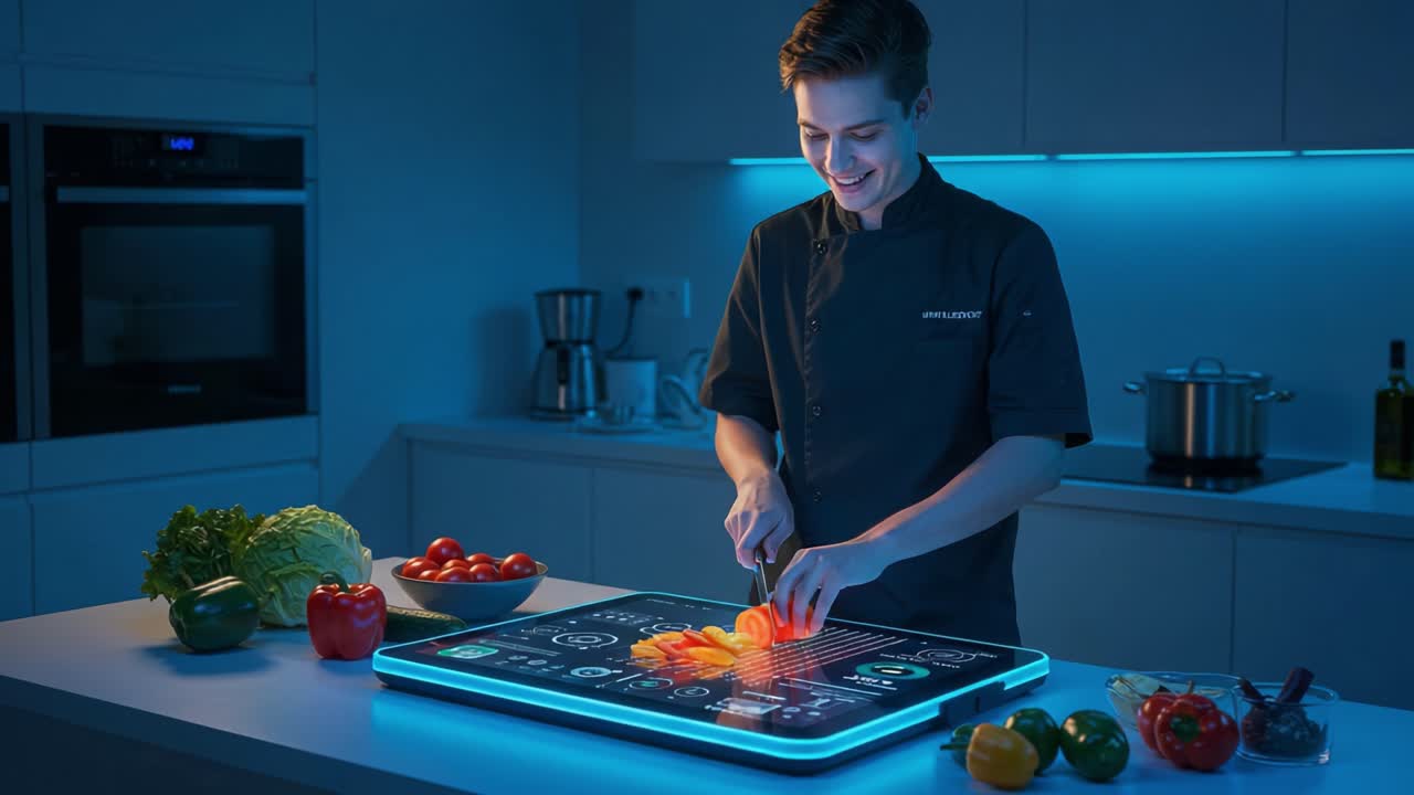 Innovative Cooking Technology: A Young Chef Prepares Colorful Vegetables on a High-Tech Smart Surface in a Modern Kitchen Environment