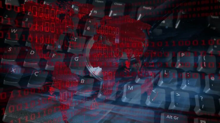 Red map and binary stream moving over keyboard as sphere enters, distorting keys, signaling danger
