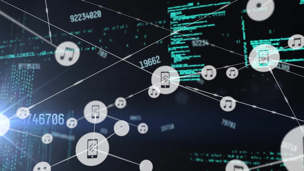 어두운 배경에 아이콘과 데이터 처리를 가진 연결 네트워크의 애니메이션