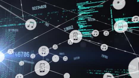 animation of network of connections with icons and data processing over dark background