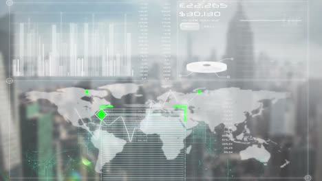 Animación-De-Diversos-Datos-En-Pantalla-Y-Mapa-Mundial-Sobre-El-Paisaje-Urbano