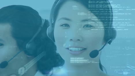 Animation-of-computer-language,-binary-codes-over-asian-customer-representative-talking-over-headset