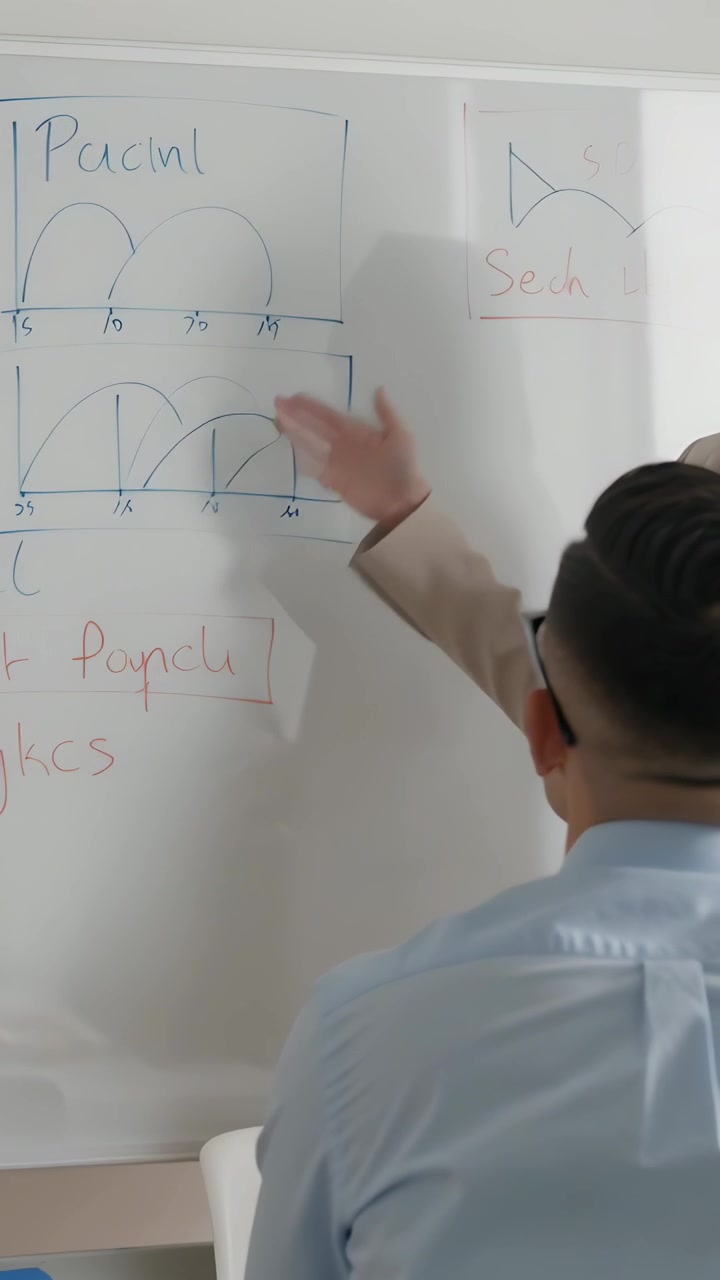 Video verticale: Mostrando un grafico inferiore, presentatore in blazer che indica una lavagna in una stanza con un pennarello.