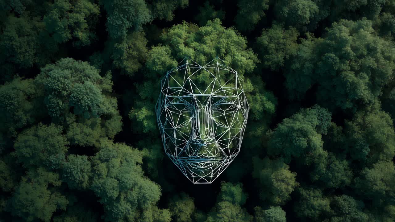 Wireframe face sculpture above forest