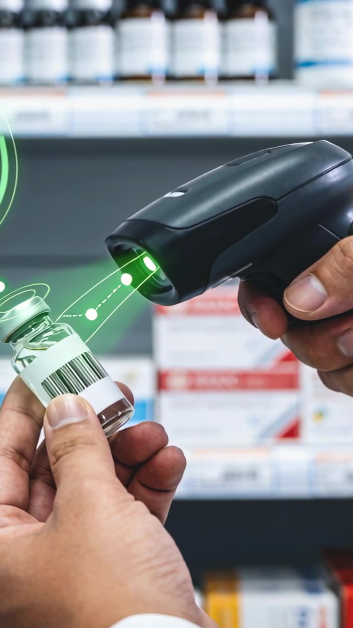 Vertical video: Pharma tech aiming scanner at vial scanning barcode and making green link verifying