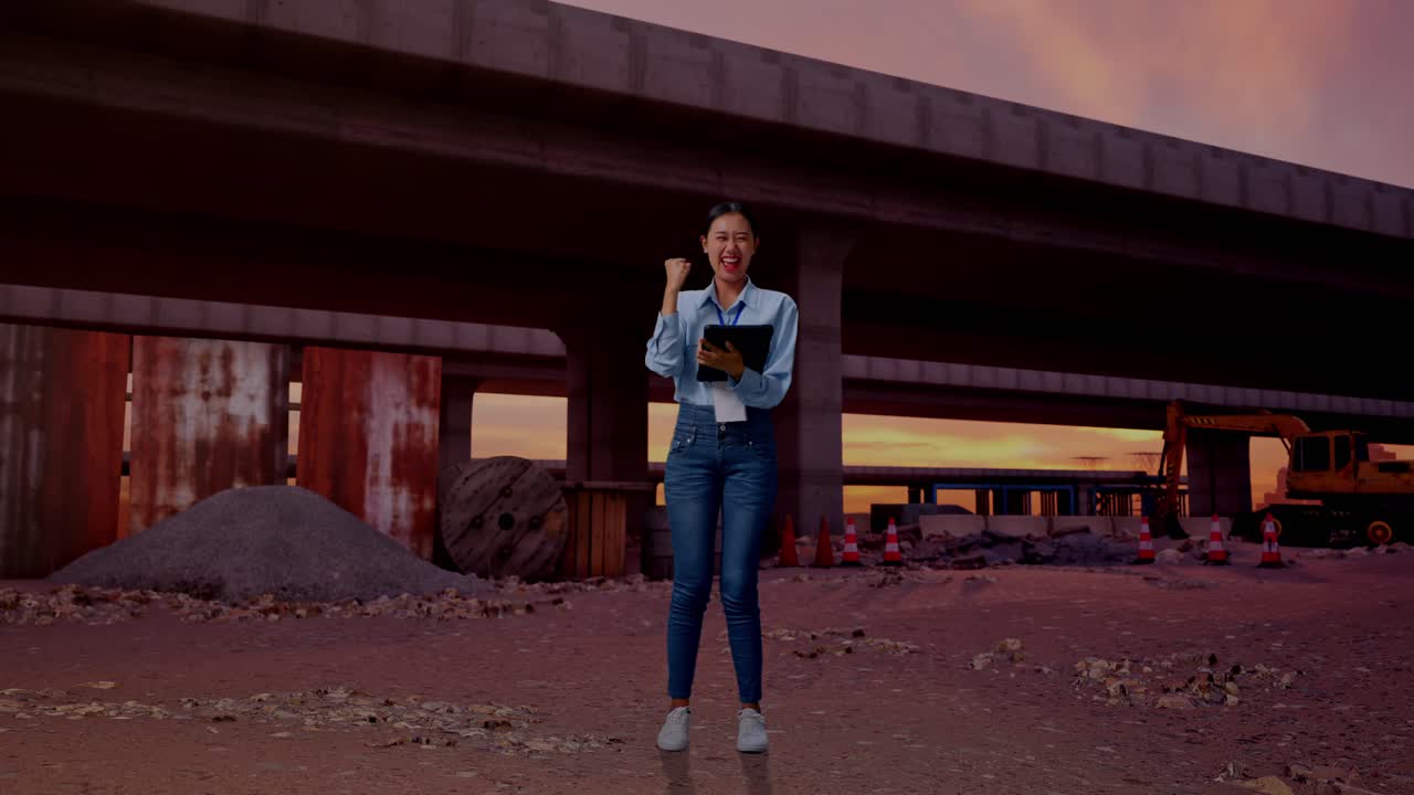 Corpo inteiro de uma mulher asiática com seu tablet no local de uma construção de rodovia. Ela levanta o punho e grita "gol" após digitar no tablet.